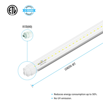 T8 8ft LED Tube/Bulb - 32/36/40/48W Wattage Adjustable, 130lm/w, 3000K/4000K/5000K/6500K CCT Changeable, Clear, R17D Base,- Ballast Bypass