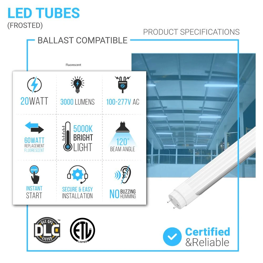 Hybrid T8 4ft LED Tube/Bulb - 22w/20w/18w/ 15w/12w/10w Watt Adjustable, 130lm/w, 3000k /3500k/4000k/5000k/6000k/6500k CCT Changeable, Frosted, Base G13, Single End/Double End Power - Ballast Compatible or Bypass
