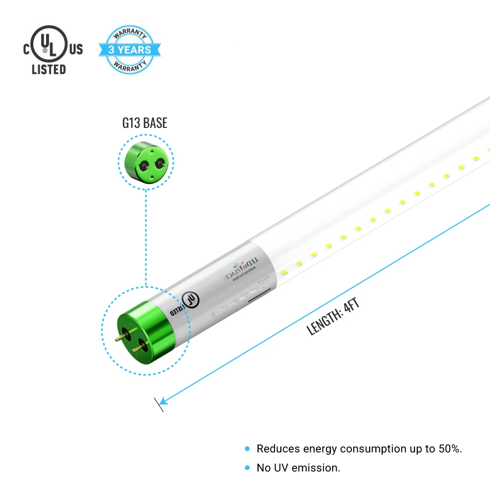 T8 4ft LED Tube/Bulb - Glass 18W 1800 Lumens 6500K Clear, Plug N Play, Double End Power - Ballast Compatible (Check Compatibility List)