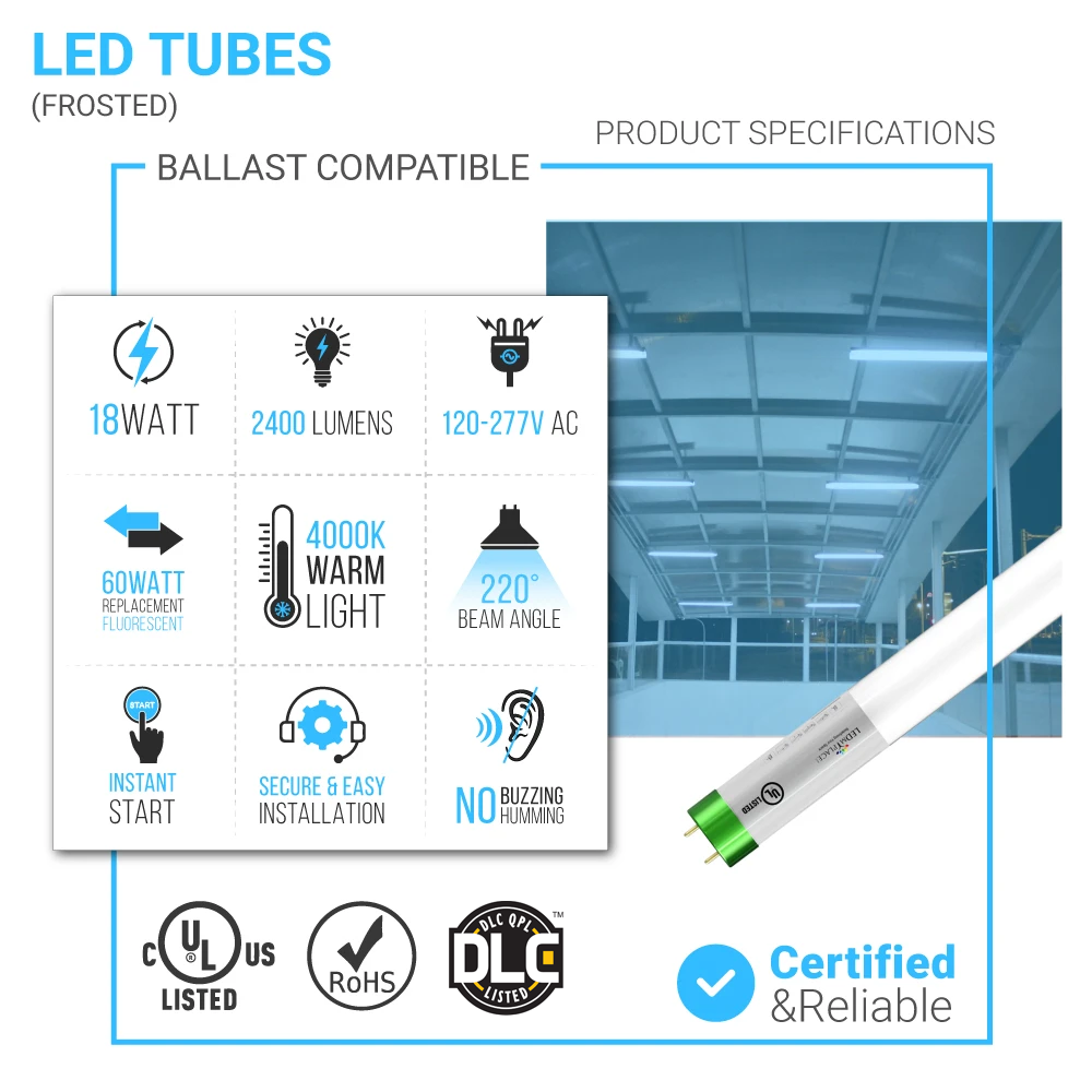 Hybrid T8 4ft LED Tube/Bulb - Glass 18W 2400 Lumens 4000K Frosted, Single End/Double End Power - Ballast Compatible or Bypass (Check Compatibility List)