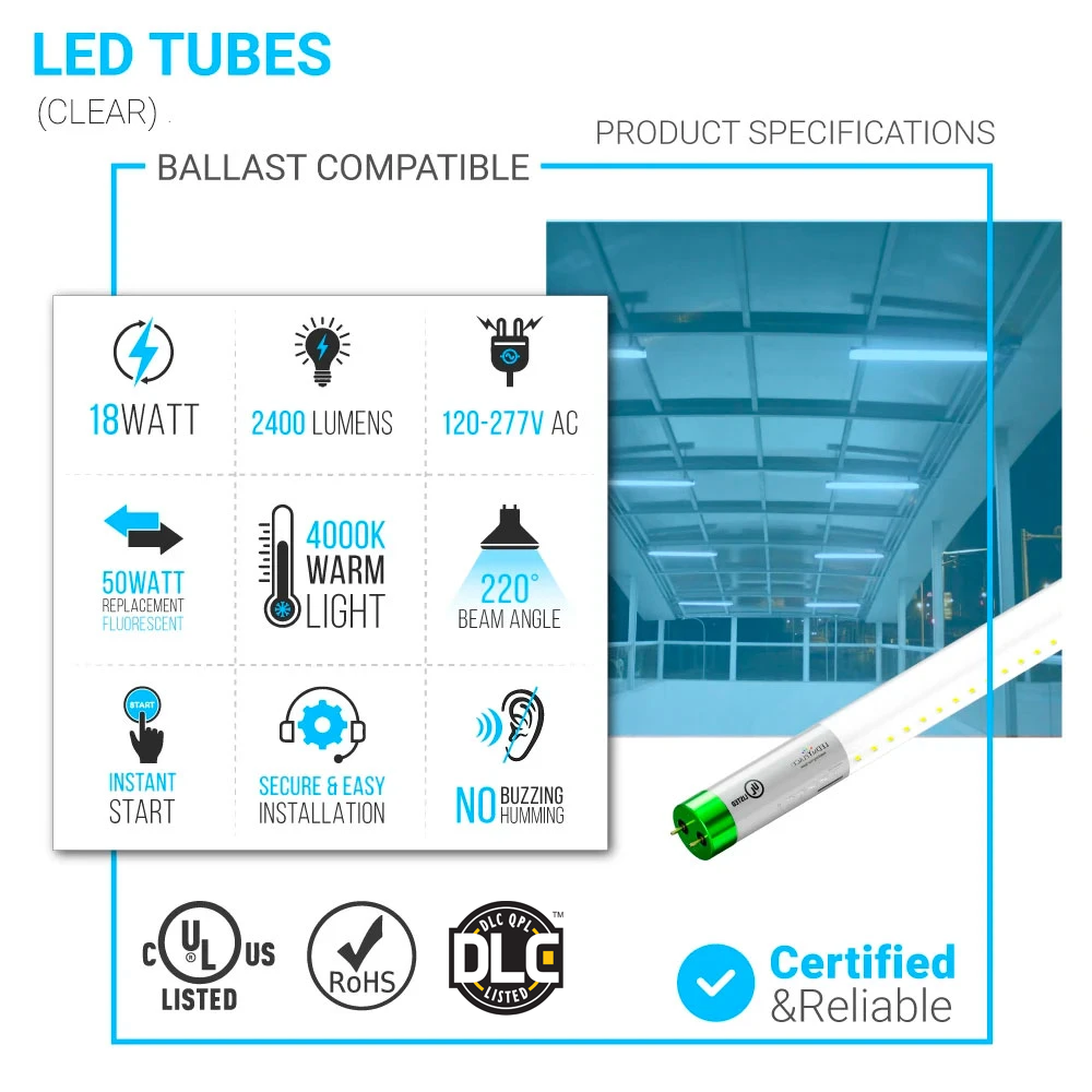 Hybrid T8 4ft LED Tube/Bulb - Glass 18W 2400 Lumens 4000K Clear, Single End/Double End Power - Ballast Compatible or Bypass (Check Compatibility List)