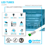 Hybrid T8 4ft LED Tube/Bulb - Glass 18W 2400 Lumens 4000K Clear, Single End/Double End Power - Ballast Compatible or Bypass (Check Compatibility List)