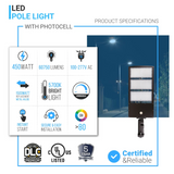 LED Pole Lights With Photocell 450 Watt & 20KV Surge Protector, 5700K, Universal Mount, AC100-277V, Bronze, Car Park Lighting - Street Light