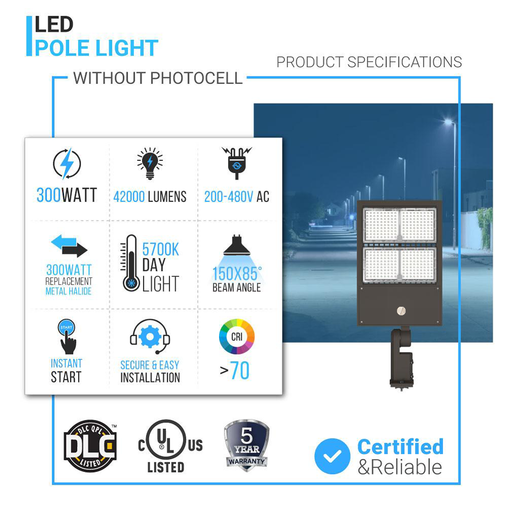 LED Pole Light 300Watt With Photocell, 5700K, Bronze Finish, 277-480V, Universal Mount, Dusk to Dawn Capable, Street Light - LED Parking Lot Light