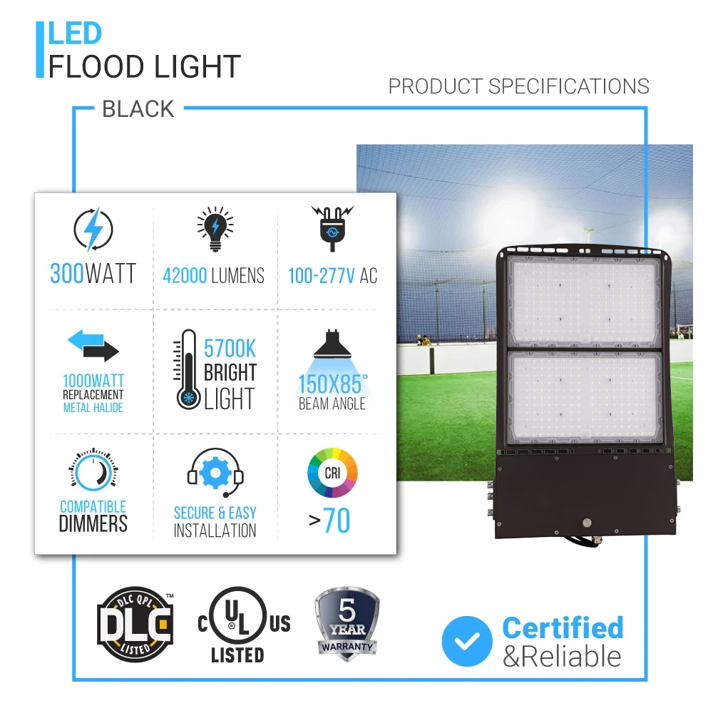 LED Flood Light 300W - DLC Listed - IP65 - Black - 40521 Lumens - 5700K - Dimmable LED Flood Lamp