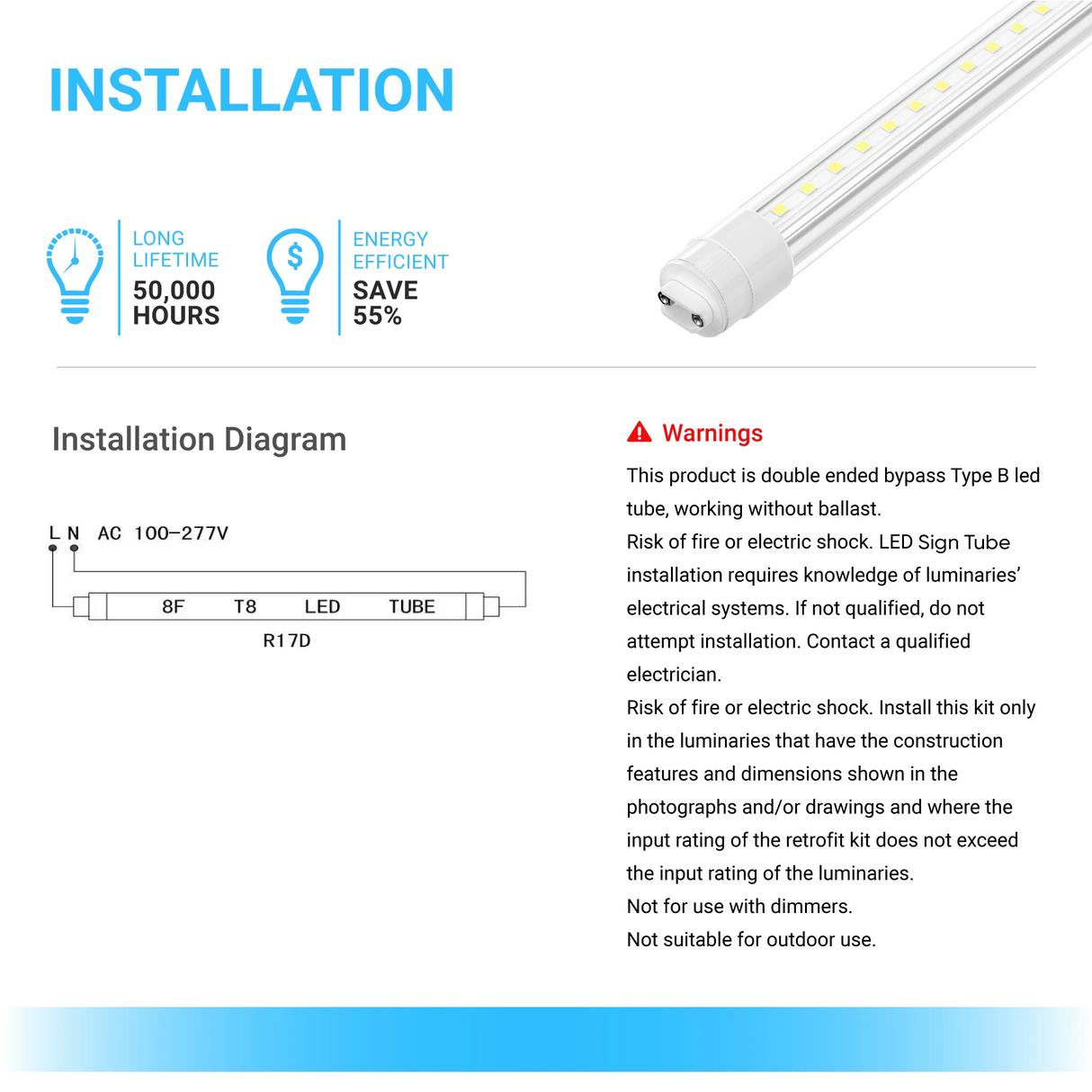 T8 LED Sign Tubes with R17 Base, Ballast-Bypass & Rotatable, Advertisement Lighting