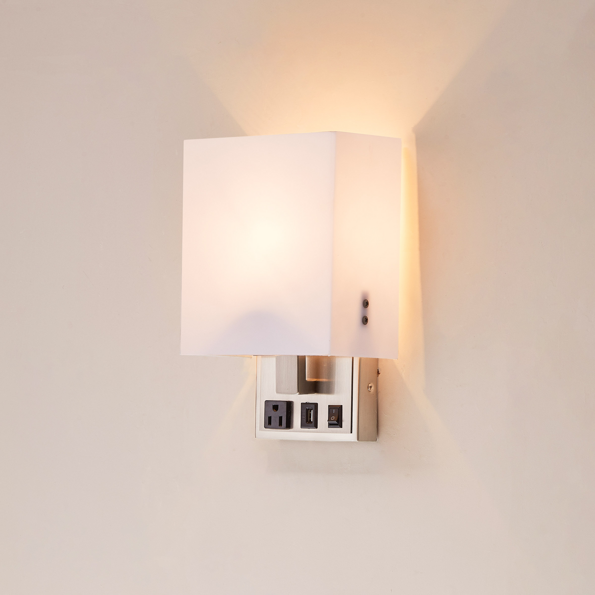 Modern LED Wall Sconce With 1 USB, 1 Switch, 1 Outlet - UL Listed, Satin Nickel Finish W/ White shade