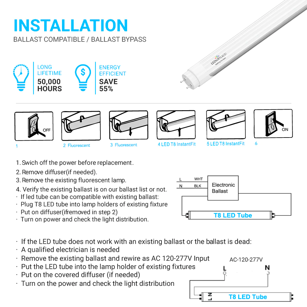 Hybrid T8 4ft LED Tube/Bulb - 22w/20w/18w/ 15w/12w/10w Watt Adjustable, 130lm/w, 3000k/3500k/4000k/5000k/6000k/6500k CCT Changeable, Clear, Base G13, Single End/ Double End Power - Ballast Compatible or Bypass