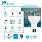 PAR20 LED 8W Light Bulbs - 3000K Dimmable - 525 Lumens - E26 Base - Soft White