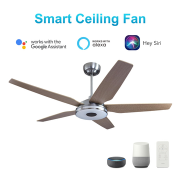 Explorer Silver/Wood 5 Blade Smart Ceiling Fan with Dimmable LED Light Kit Works with Remote Control, Wi-Fi apps and Voice control via Google Assistant/Alexa/Siri