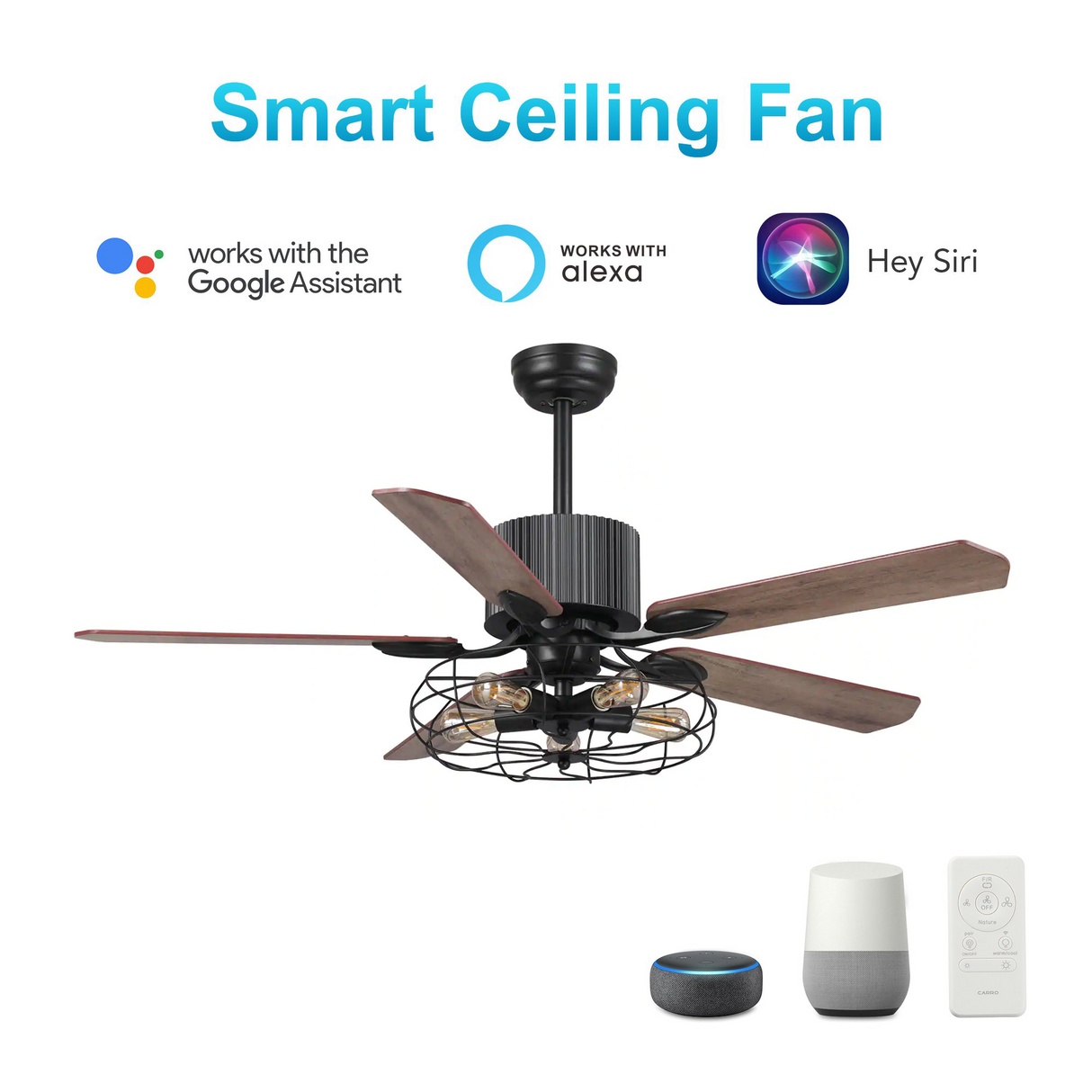 Heritage 52" In. 5 Blade Smart Ceiling Fan with LED Light Kit Works with Wall control, Wi-Fi apps and Voice control via Google Assistant/Alexa/Siri