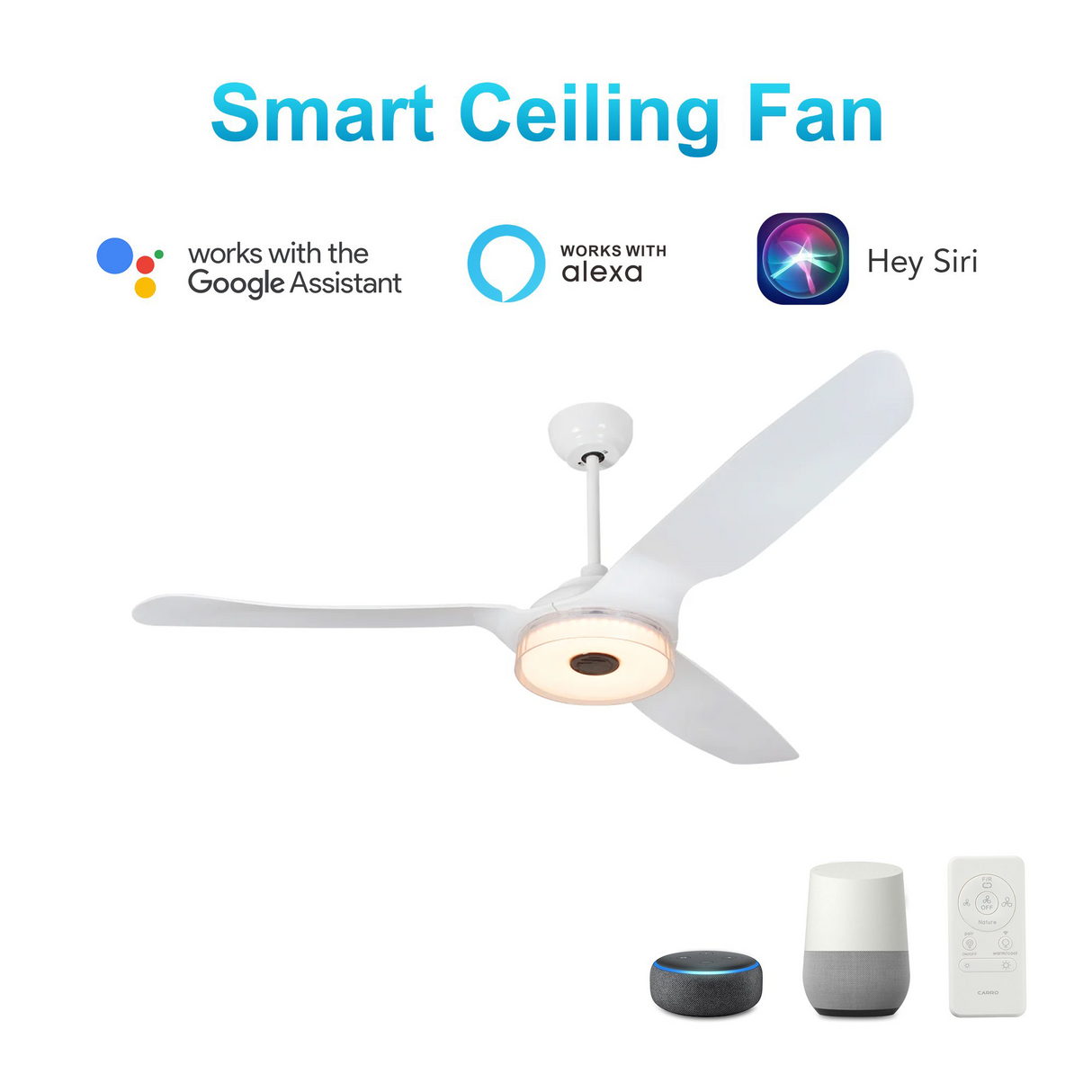 Icebreaker White/White 3 Blade Smart Ceiling Fan with Dimmable LED Light Kit Works with Remote Control, Wi-Fi apps and Voice control via Google Assistant/Alexa/Siri (Set of 2)