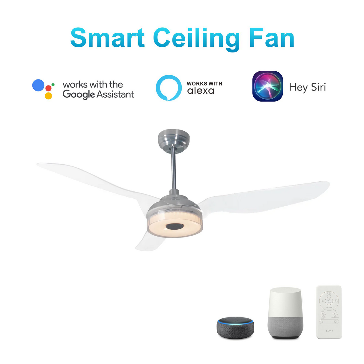 Icebreaker Silver 3 Blade Smart Ceiling Fan with Dimmable LED Light Kit Works with Remote Control, Wi-Fi apps and Voice control via Google Assistant/Alexa/Siri