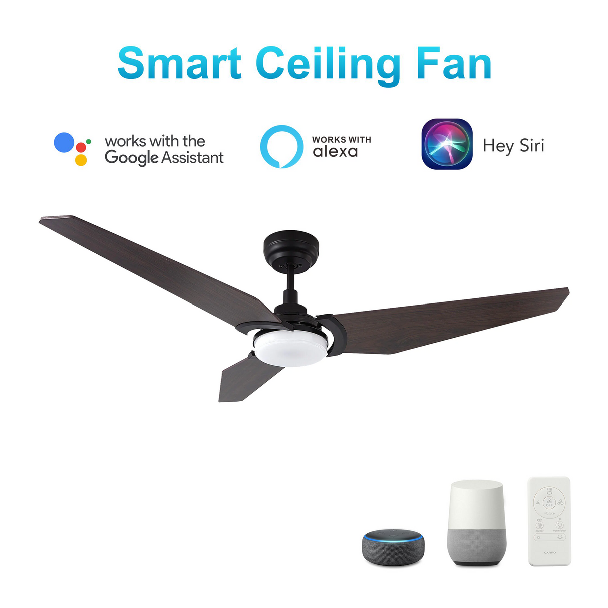 Trailblazer Black/Dark Wood 3 Blade Smart Ceiling Fan with Dimmable LED Light Kit Works with Remote Control, Wi-Fi apps and Voice control via Google Assistant/Alexa/Siri