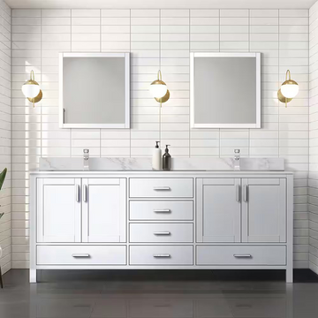 Jacques 80 In. Freestanding White Bathroom Vanity With Double Undermount Ceramic Sink, White Carrara Marble Top