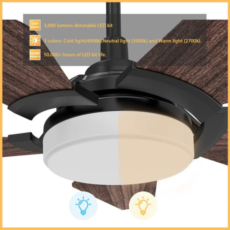 KAJ 52 inch 5 - Blade Smart Ceiling Fan with LED Light & Remote - LEDMyPlace