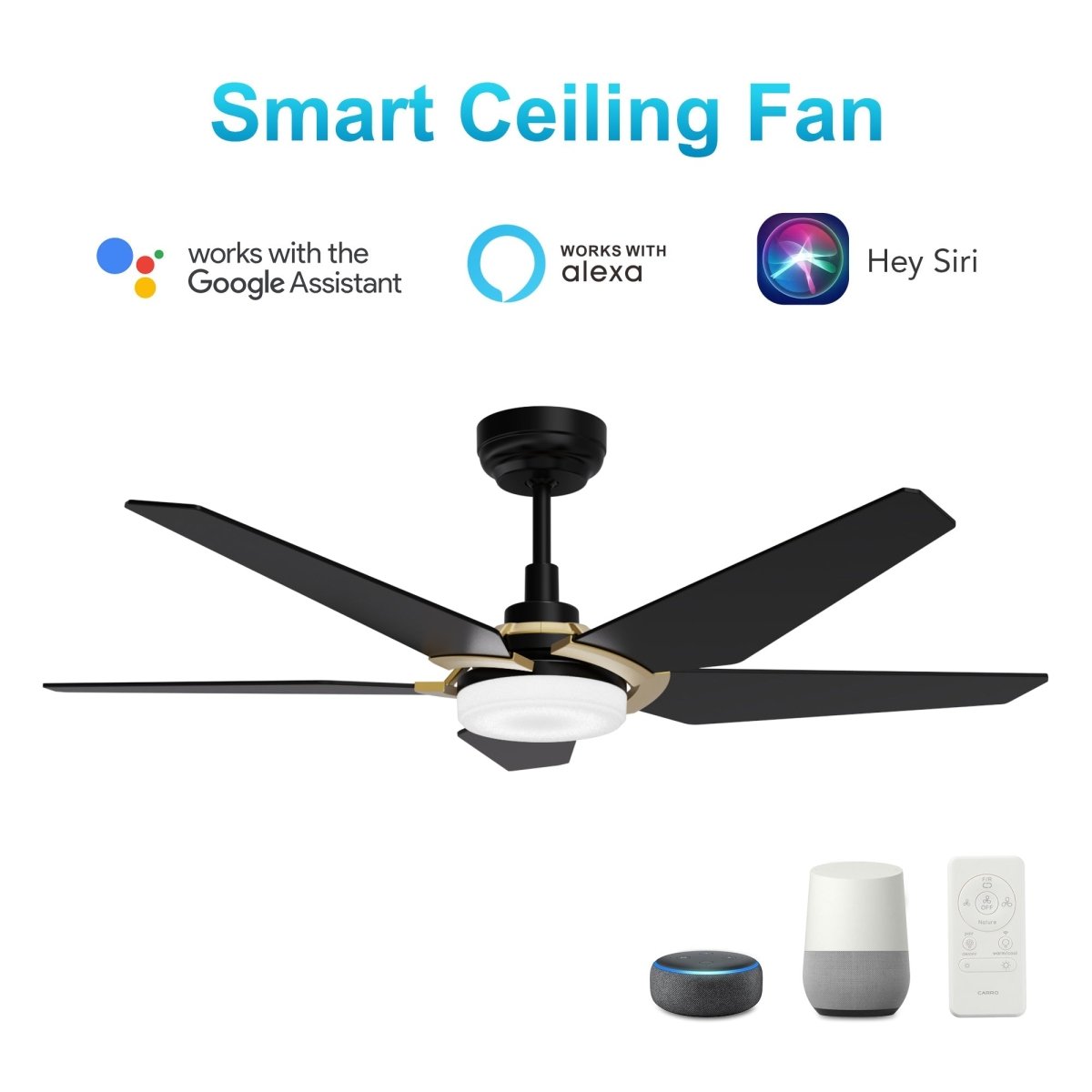 KAJ 52 inch 5 - Blade Smart Ceiling Fan with LED Light & Remote - LEDMyPlace