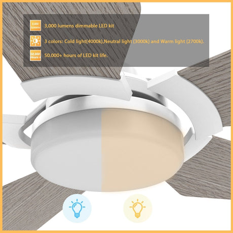 KAJ 52 inch 5 - Blade Smart Ceiling Fan with LED Light & Remote - LEDMyPlace