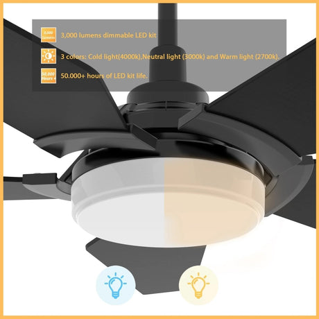 KAJ 52 inch 5 - Blade Smart Ceiling Fan with LED Light & Remote - LEDMyPlace