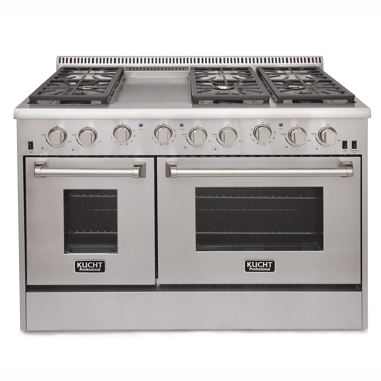 KUCHT Professional 48 in. 6.7 cu. ft. Propane Gas Range with Sealed Burners, Griddle and Two Ovens - One Convection - in Stainless Steel with Classic Silver Knobs