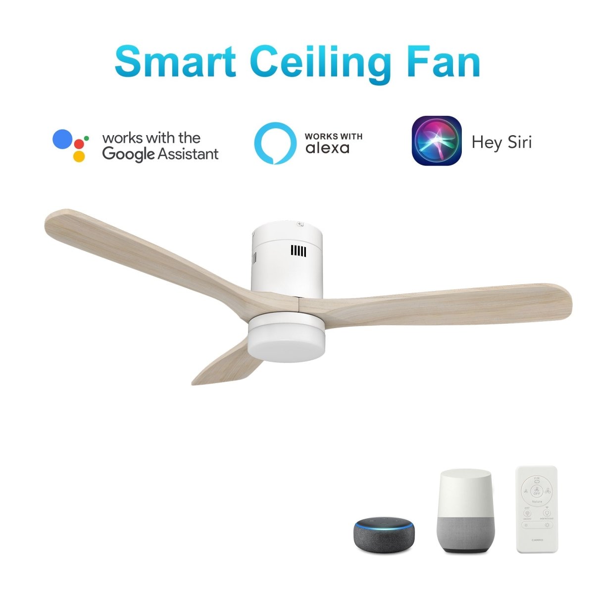 LABELLE 52 inch 3 - Blade Flush Mount Smart Ceiling Fan with LED Light & Remote - LEDMyPlace