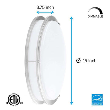 LED Double Ring 15in. Flush Mount - 19 Watt - Dimmable - 5000K - 1500 Lumens Brushed Nickel