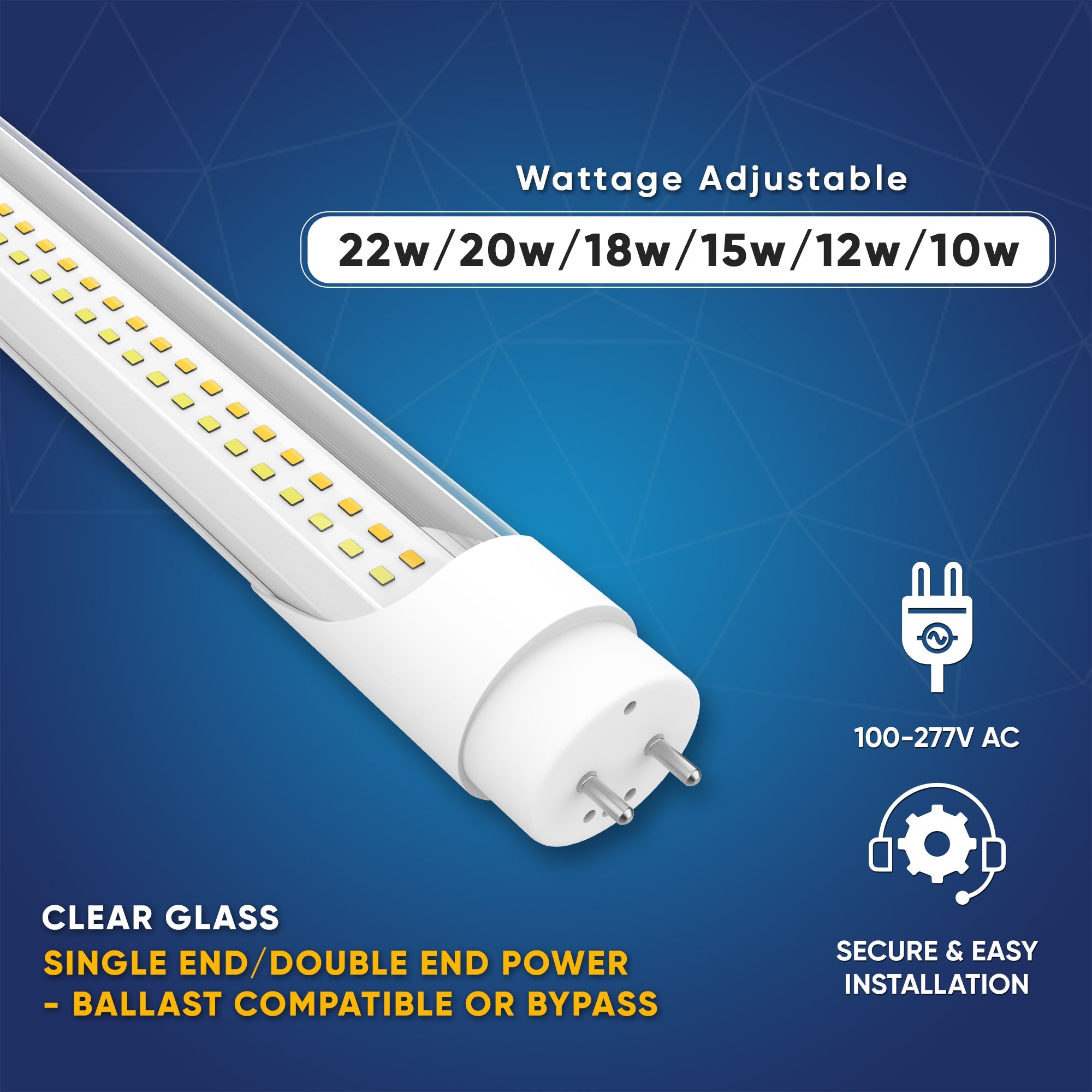 Hybrid T8 4ft LED Tube/Bulb - 22w/20w/18w/ 15w/12w/10w Watt Adjustable, 130lm/w, 3000k/3500k/4000k/5000k/6000k/6500k CCT Changeable, Clear, Base G13, Single End/ Double End Power - Ballast Compatible or Bypass