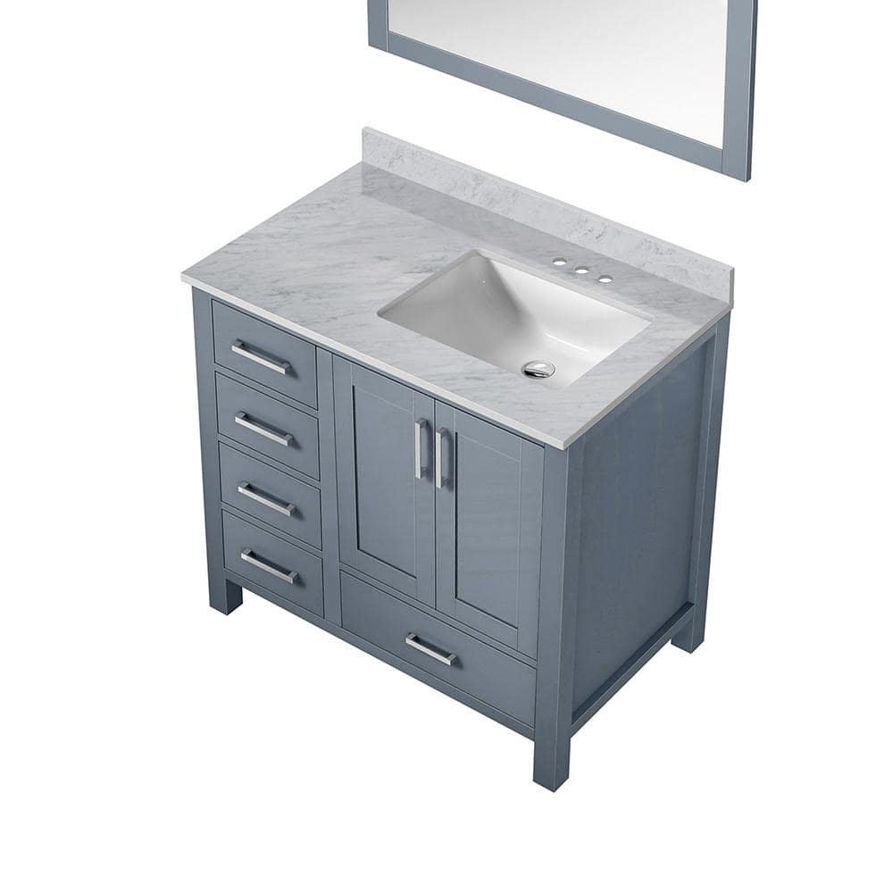 Jacques 36 in. W x 22 in. D Right Offset Dark Grey Bath Vanity, Carrara Marble Top, and 34 in. Mirror