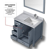 Jacques 36 in. W x 22 in. D Right Offset Dark Grey Bath Vanity, Carrara Marble Top, and 34 in. Mirror