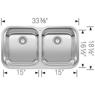 Blanco Stellar 33 Inch Double Equal Bowl Stainless Steel Undermount Kitchen Sink 50/50