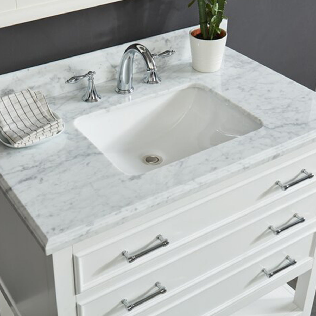 Manhattan Freestanding Solid Wood Bathroom Vanity with Natural Carrara White Marble Sink Top with 4 In. Backsplash