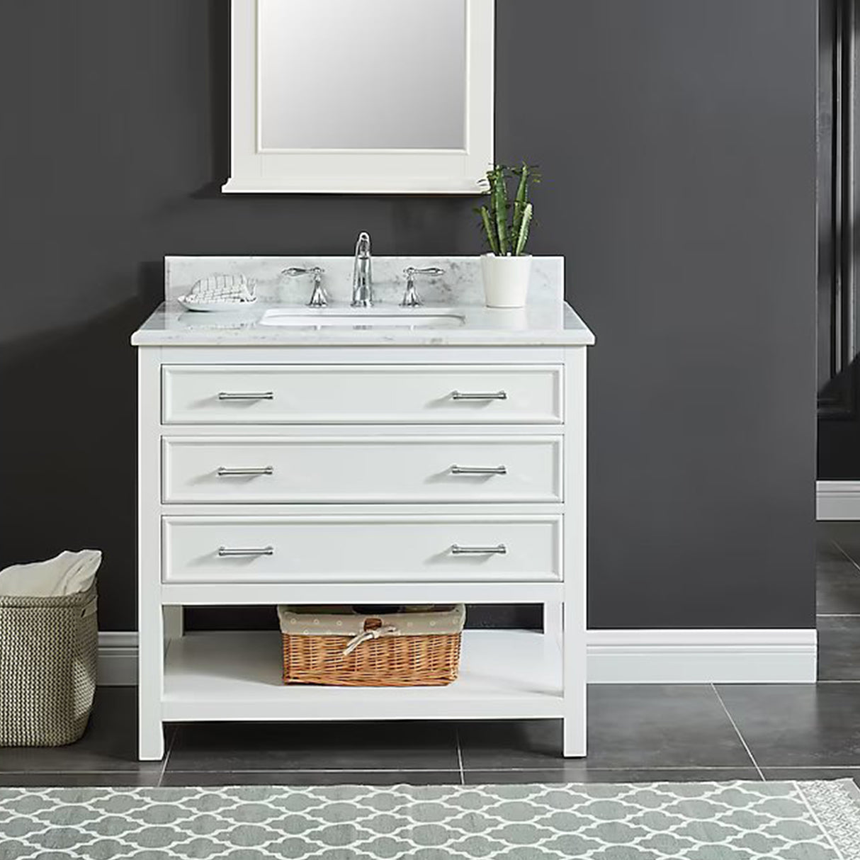 Manhattan Freestanding Solid Wood Bathroom Vanity with Natural Carrara White Marble Sink Top with 4 In. Backsplash