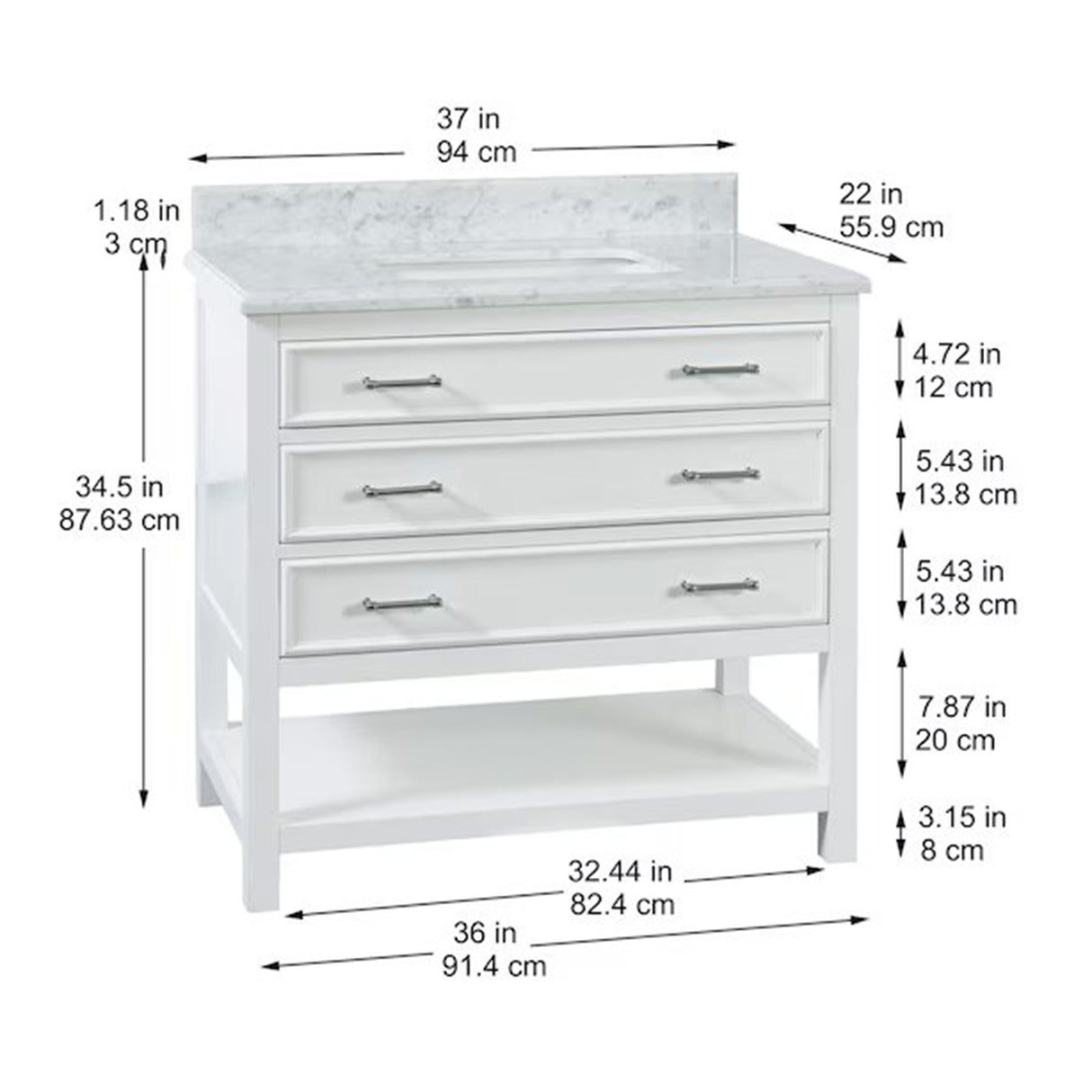 Manhattan Freestanding Solid Wood Bathroom Vanity with Natural Carrara White Marble Sink Top with 4 In. Backsplash