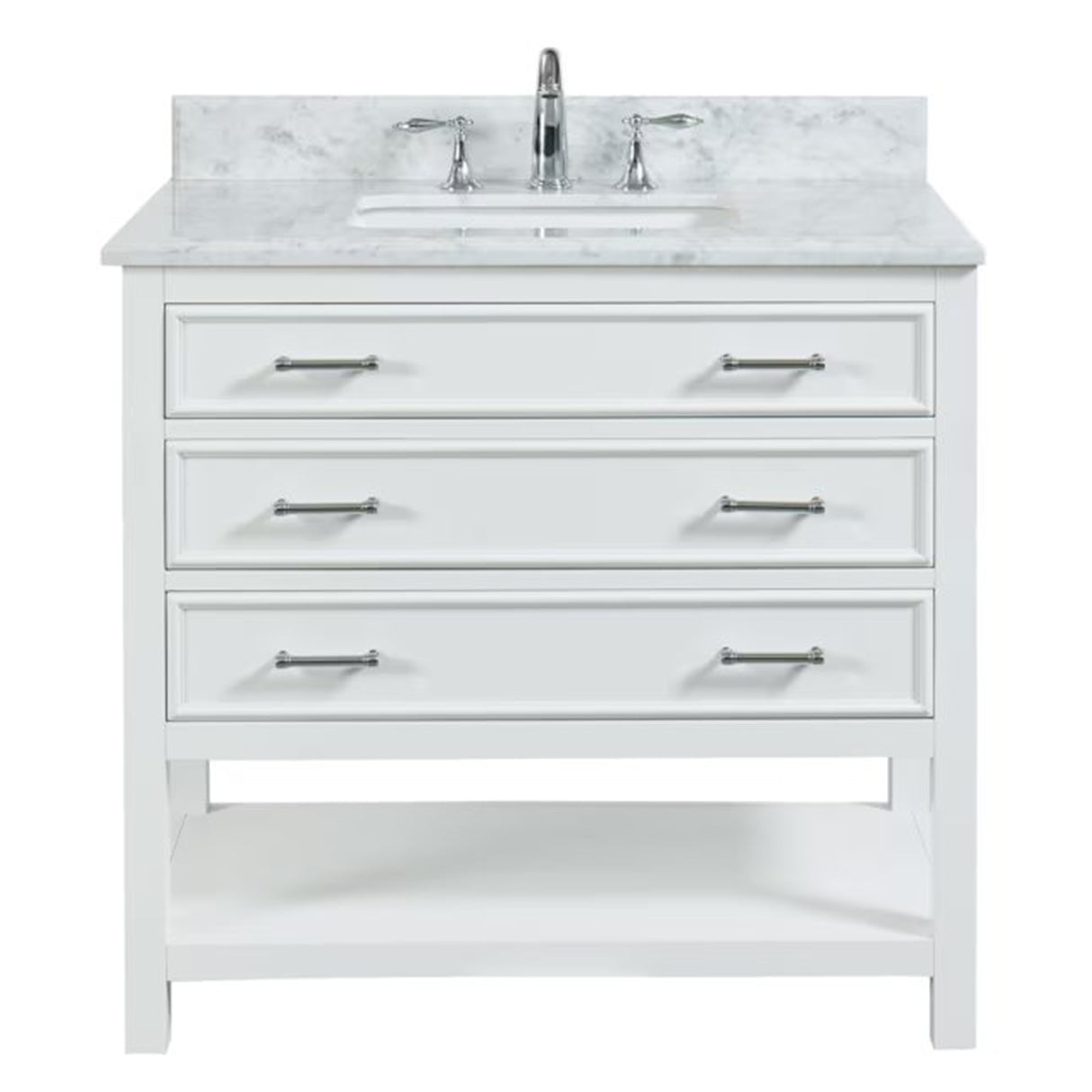 Manhattan Freestanding Solid Wood Bathroom Vanity with Natural Carrara White Marble Sink Top with 4 In. Backsplash