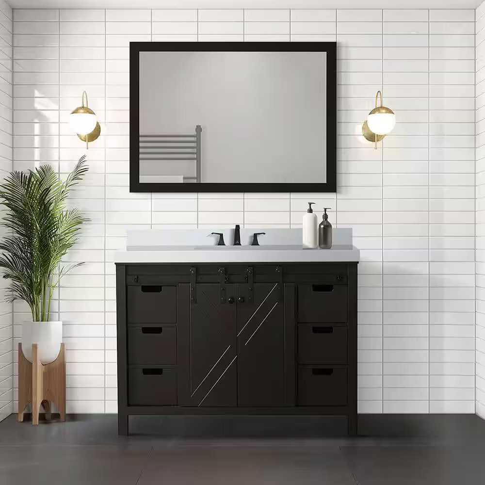 Marsyas 48" Brown Single Vanity, White Quartz Top, White Square Sink and no Mirror