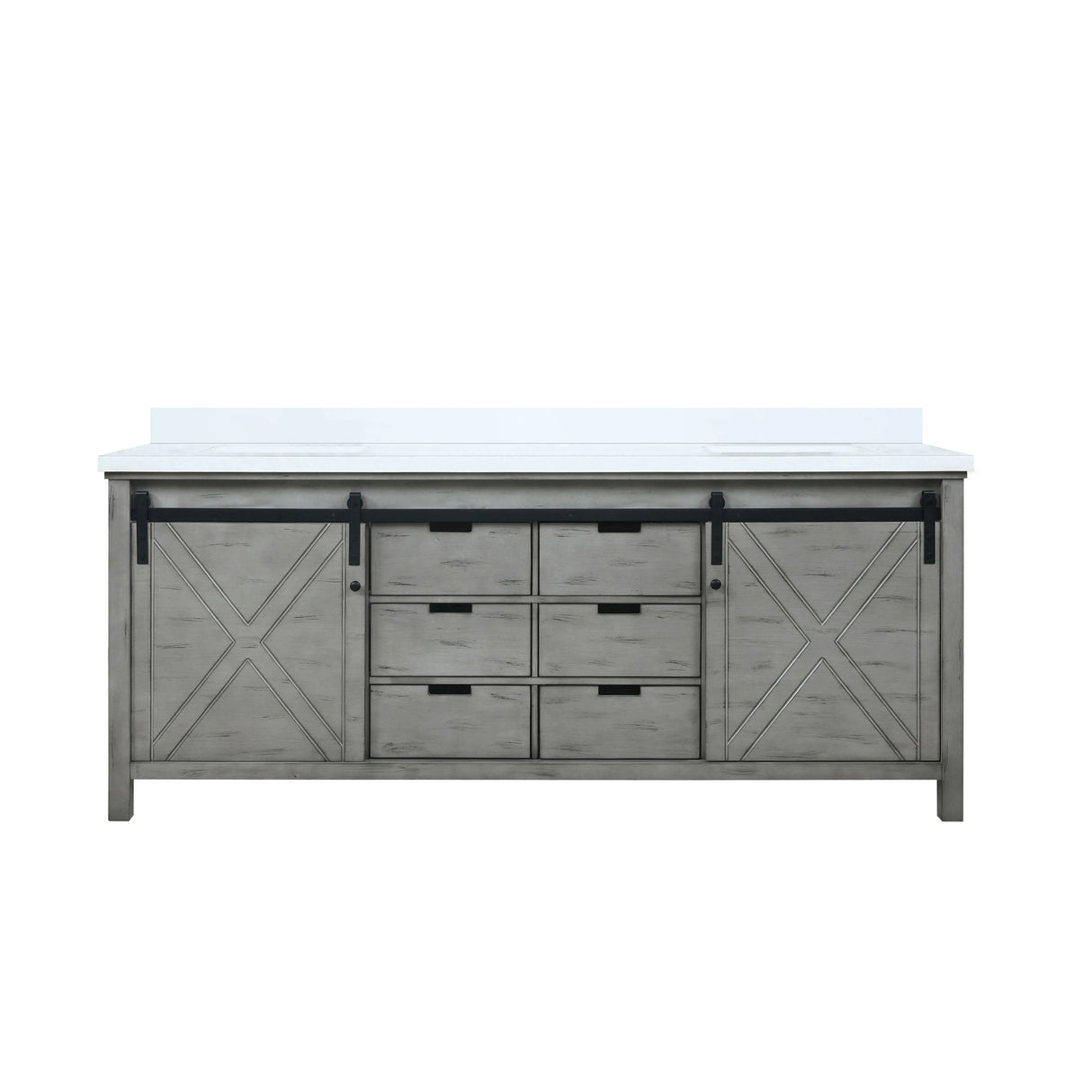 Marsyas 80" Ash Grey Double Vanity, White Quartz Top, White Square Sinks and no Mirror