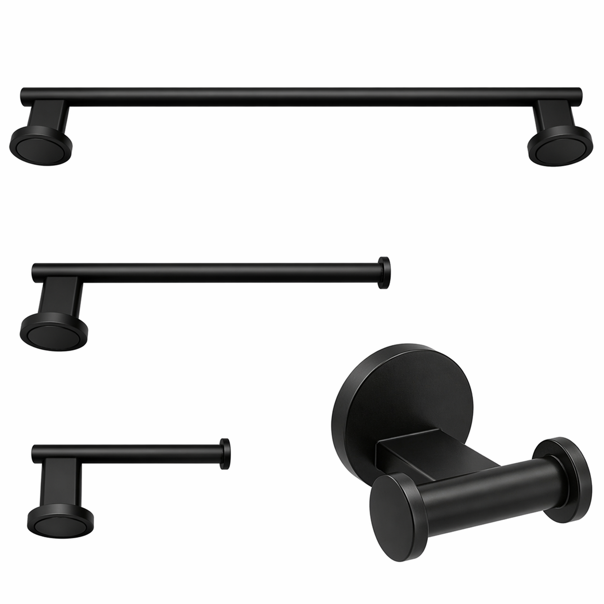 Ivanees 4-Piece Bathroom Accessories Set in Matte Black Finish – Stainless Steel Robe Hook, Towel Ring, Toilet Paper Holder & Towel Bar