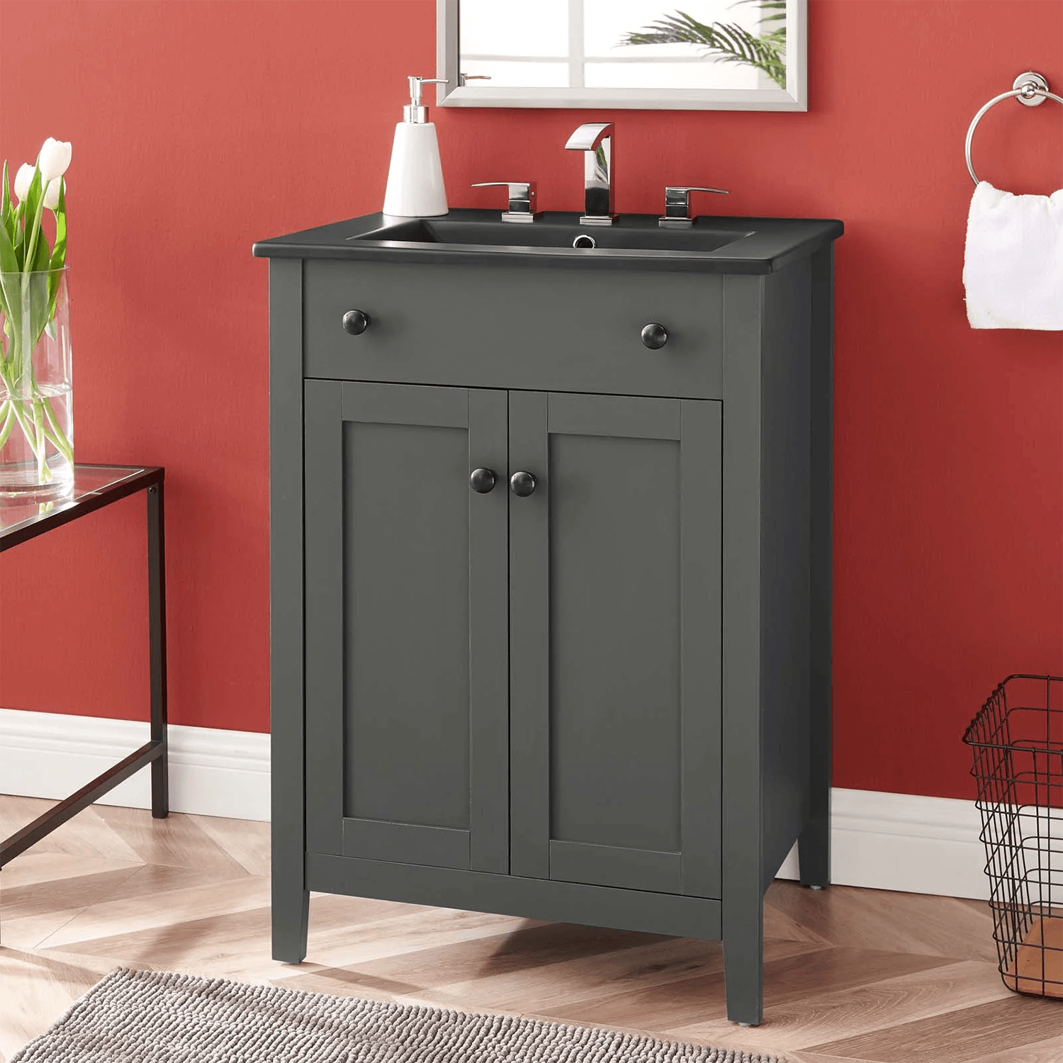 Nantucket 24 In. Freestanding Bathroom Vanity with Black Ceramic Sink Top