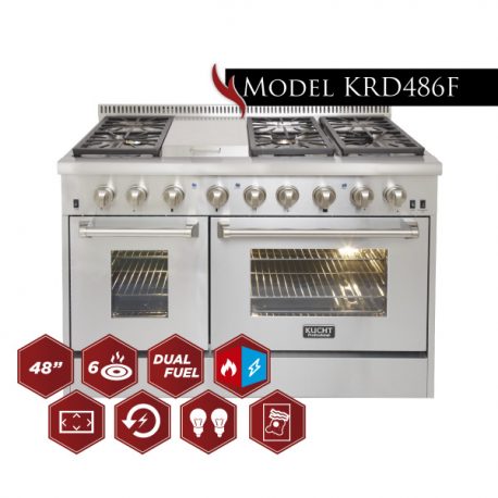 KUCHT Professional 48 in. 6.7 cu. ft. Dual Fuel Range for Natural Gas with Sealed Burners, Griddle and Convection Oven in Stainless Steel with Classic Silver Knobs