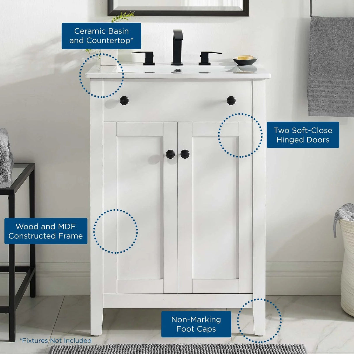 Nury 24 Inch Bathroom Vanity Cabinet With Ceramic Sink & 2 Soft Closing Doors