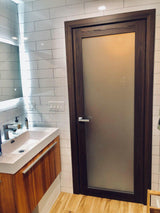 Solid French Door | Planum 2102 Chocolate Ash with Frosted Glass | Single Regular Panel Frame Trims Handle | Bathroom Bedroom Sturdy Doors