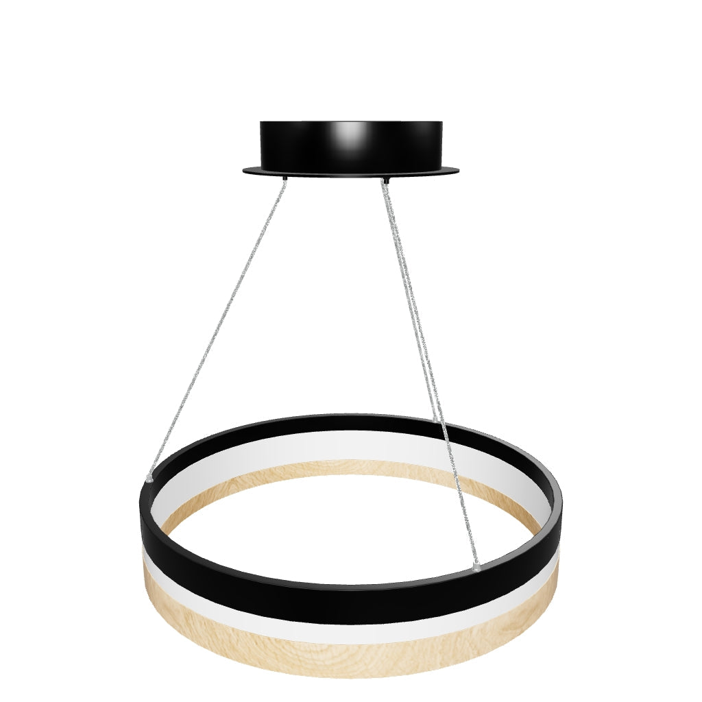 LED Pendant Light Fixture, Round, Dimmable, 3000K (Warm White), Wood and Matte Black