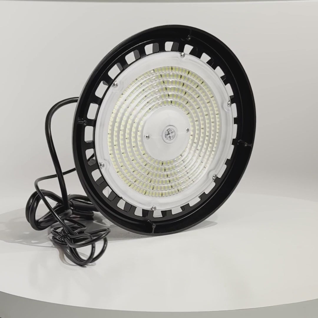 UFO LED High Bay Light 240/220/200 Watt Adjustable, 5700K, 150LM/W-155LM/W, 120-277VAC, IP65, UL, DLC Listed, 1-10V Dim, For Warehouse Factory Workshops Gymnasium & Supermarket Lighting