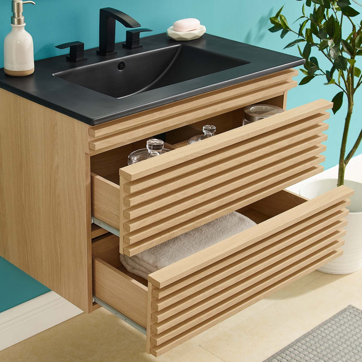 Render 30 In. Floating Bathroom Vanity with Ceramic Sink Top & Soft-Closing Drawers