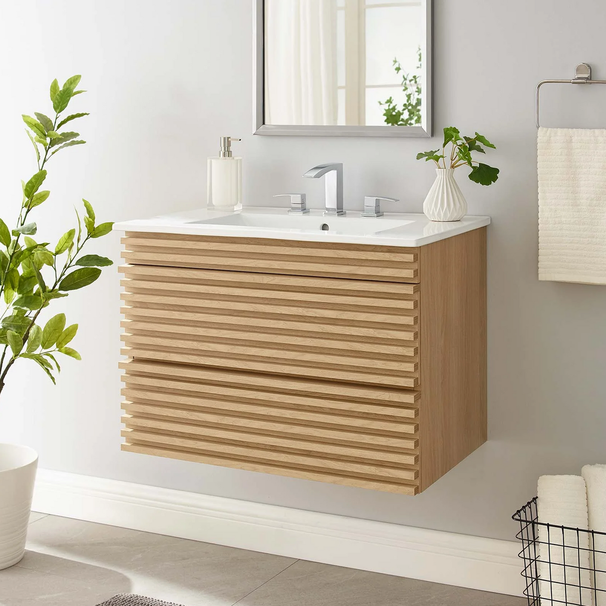 Render 30 In. Floating Bathroom Vanity with Ceramic Sink Top & Soft-Closing Drawers