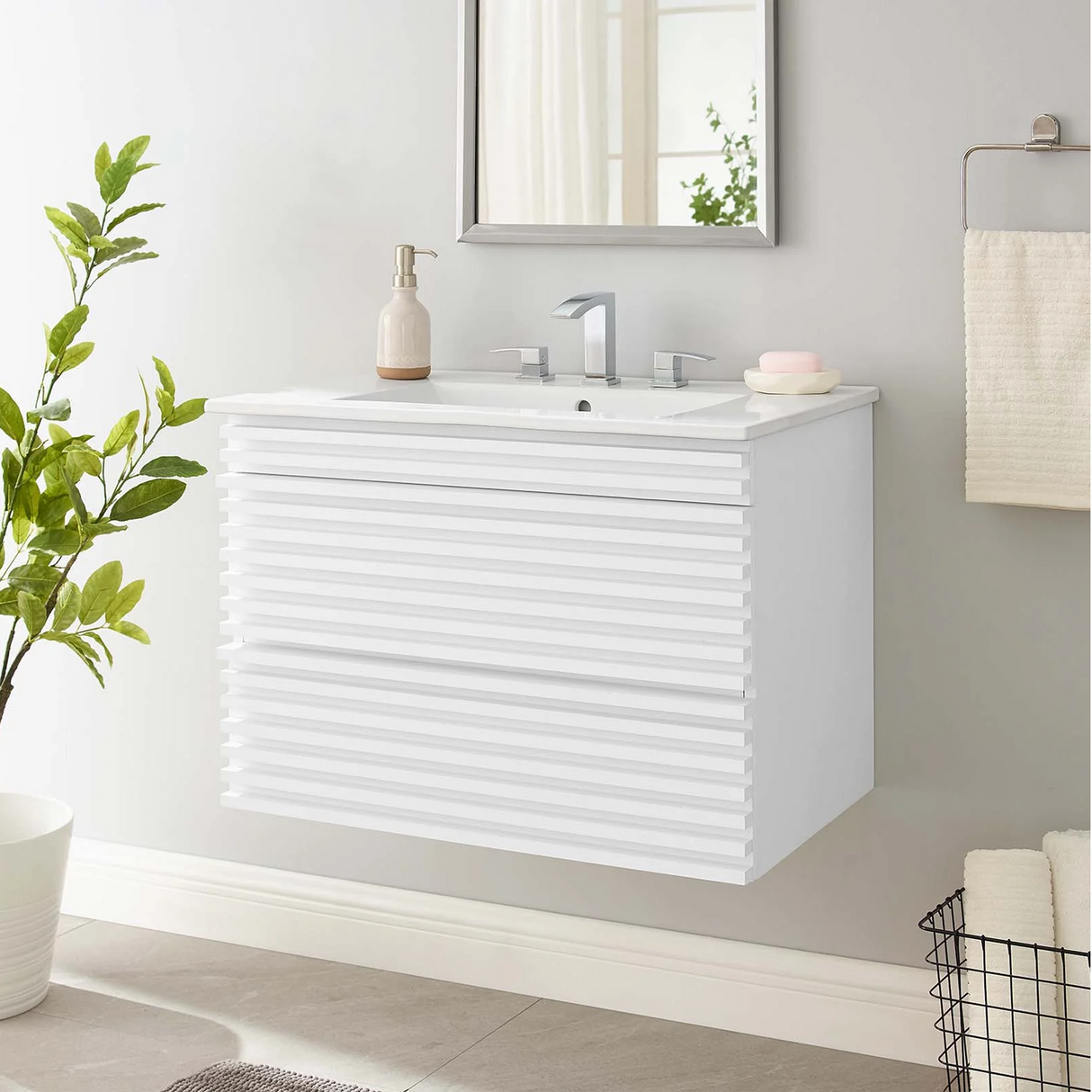 Render 30 In. Floating Bathroom Vanity with Ceramic Sink Top & Soft-Closing Drawers