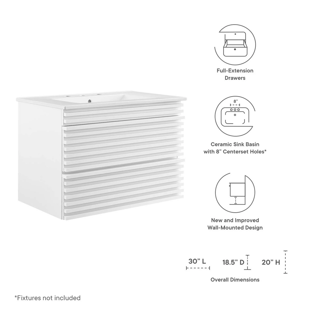 Render 30 In. Floating Bathroom Vanity with Ceramic Sink Top & Soft-Closing Drawers