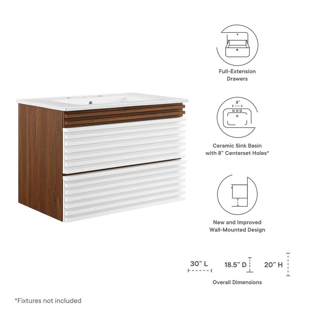 Render 30 In. Floating Bathroom Vanity with Ceramic Sink Top & Soft-Closing Drawers