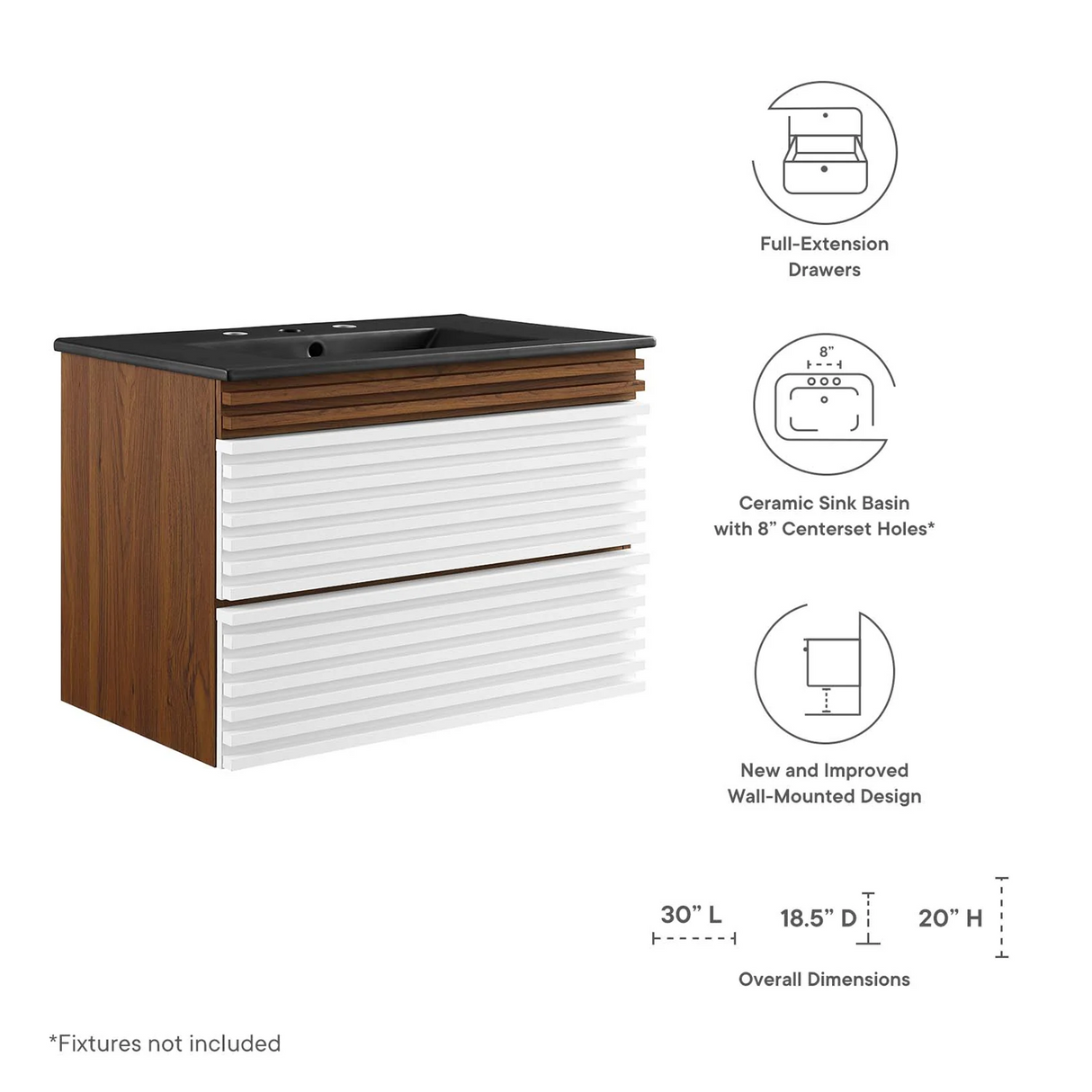 Render 30 In. Floating Bathroom Vanity with Ceramic Sink Top & Soft-Closing Drawers