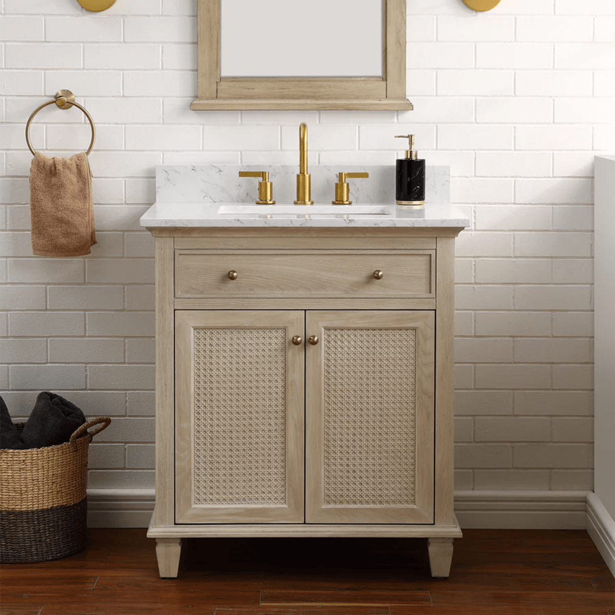 Ronnie Freestanding Solid Wood Bathroom Vanity With Carrara White Quartz Sink Top & 4 In. Backsplash in Nature Wood Finish